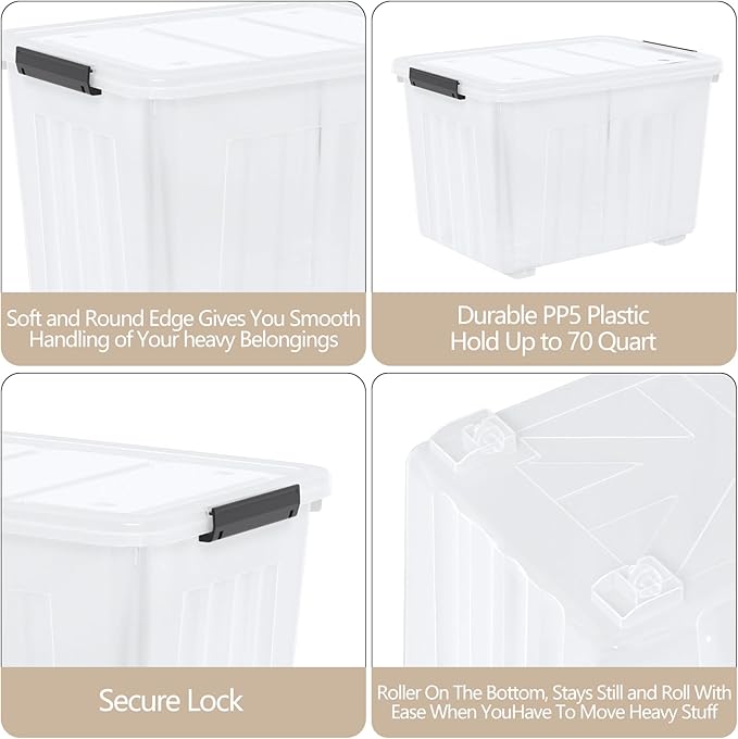 Zopnny 70 Qt Large Plastic Storage Box with Wheel, Clear Storage Latch Box with Lid, 4 Pack