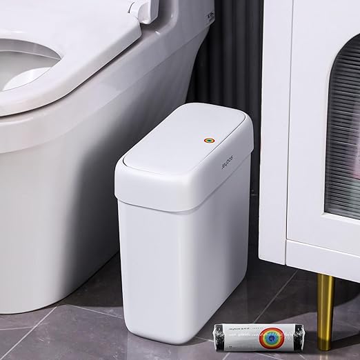 JOYBOS Bathroom Trash Can with Lid,3 Gallon Small Garbage Can with Press Top Lid,10L Dogproof Slim Plastic Narrow Trash Bin for Toilet, Office, Bedroom, Living Room, Grey