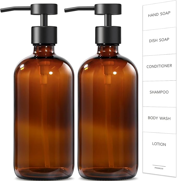 GMISUN Amber Glass Soap Dispenser, 2 Pack Bathroom Hand Soap Dispensers with Stainless Steel Flat Pump, 17 Fl Oz Kitchen Dish Soap Dispenser, Modern Vintage Liquid Brown Soap Dispensers Bottle Set