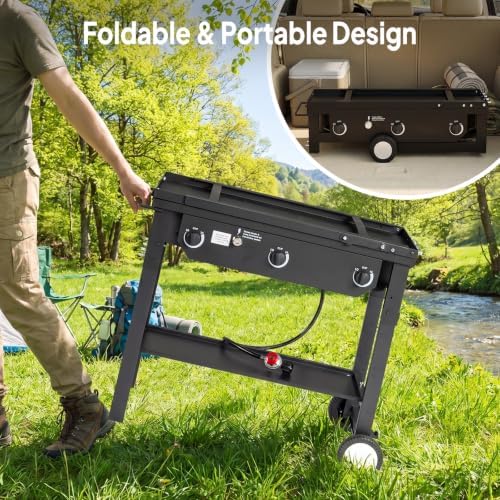 ROVSUN 3 Burner Outdoor Propane Gas Stove with Foldable Side Table & Ignition, 225,000 BTU Stand Cooker for Backyard Cooking Camping Home Brewing Canning Turkey Frying