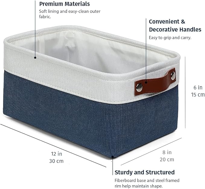 OrganiHaus Small Fabric Storage Baskets for Shelves 6 Pack, 12x8in Closet Storage Bins for Shelves, Cloth Baskets for Organizing, Linen Closet Organizers, Fabric Basket, Navy Blue/White