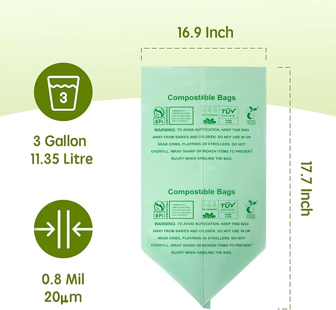 Compostable Trash Bags 3 Gallon, Extra Thick 0.8 Mils, 100 Count, ASTM D6400, BPI, OK Compost Home Certified, Small Kitchen Compost Bags,Green Bin Liners for Food Waste and Composting