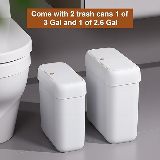 funest 2 Pack Bathroom Trash Can with Lid, 3 Gal/12 L & 2.7 Gal/10L Garbage Can with Pop-Up Lid, Small Spaces Plastic Trash Can, Slim Trash Bin Waste Basket for Bathroom,Rv, Office, White