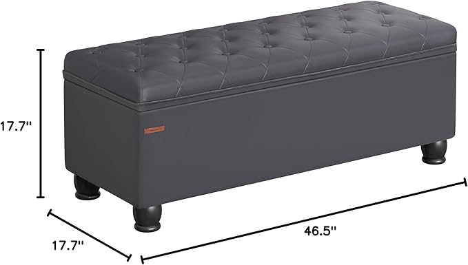 SONGMICS Storage Ottoman, Storage Bench, Tufted Entryway Bedroom Bench, 17.7 x 46.5 x 17.7 Inches, Hinges Easy Lid Operation, Wooden Legs, Synthetic Leather, Loads 330 lb, Dark Gray ULOM071G01