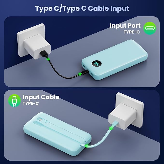 Portable Charger 40,800mAh Power Bank, 25W PD QC 4.0 Fast Charging Portable Phone Charger with Built-in Cables,LCD Display USB C Battery Pack Compatible with iPhone 16/15/14,Android Samsung (Green)