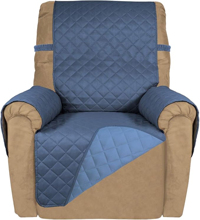 PureFit Reversible Quilted Sofa Cover, Water Resistant Slipcover Furniture Protector, Washable Couch Cover with Non Slip and Elastic Straps for Kids, Dogs (Small Recliner, Dark Blue/Light Blue)
