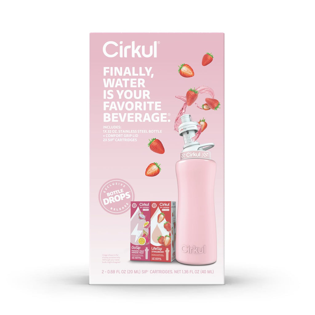 Cirkul 32oz. Blush Pink Stainless Steel Water Bottle Starter Kit with Pink Lid and 2 Flavor Cartridges (1 LifeSip Strawberry, 1 GoSip Passion Fruit Dragon Fruit) No Sugar, Zero Calorie Drink Mix