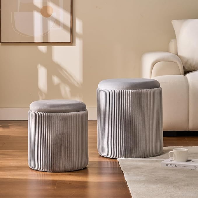 Round Set of 2 Ottoman with Storage-Upholstered Velvet Vanity Stool for Makeup Multifunctional Ottomans Coffee Table Padded Seat Foot Rest for Living Room&Bedroom (Ligth Grey)
