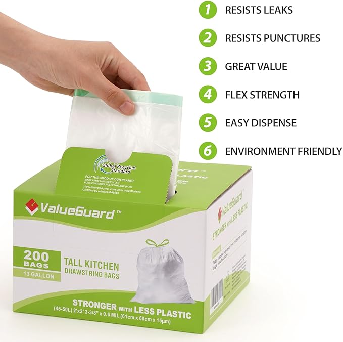 Large Trash Bag 13 Gallon Tall Drawstring 100% Post-Consumer Recycled Garbage Bag Waste Bag for Kitchen Office 0.6 Mil (200 Count)