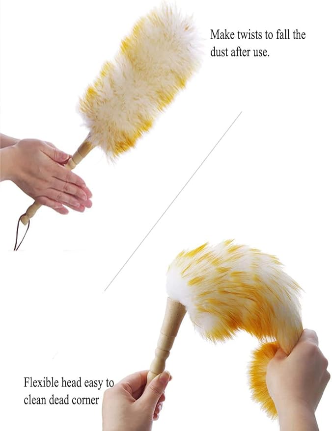 J&A Lambswool Dusters with Solid Wooden Handle, Flexible Head, Anti-Static, Comfortable Grips 17.8 inchs Long Feather Duster for Office, Home and Car etc.