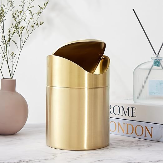 Stainless Steel Trash Can with Swing Lid, Mini Countertop Trash Bin Bathroom, Golden Desktop Garbage Cans Tiny Kitchen Waste Bins with Trash Bag