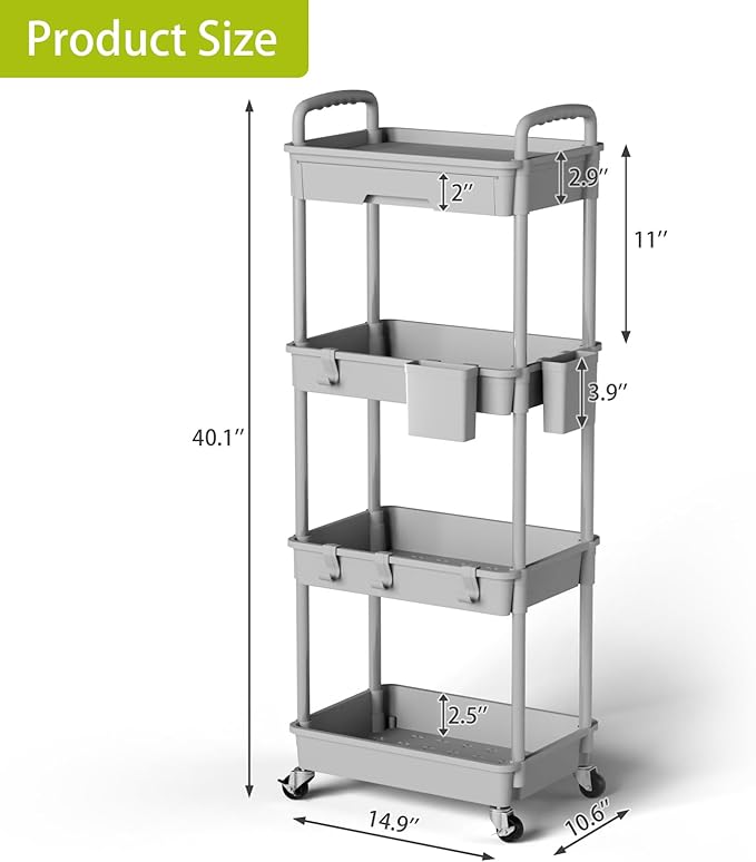 4 Tier Rolling Cart Organizer,Art Craft Diaper Bedside Snack Laundry Room Bathroom Organizer Narrow Thin Slim Rolling Trolley Utility Cart with Wheels for Kitchen,Office(Grey)