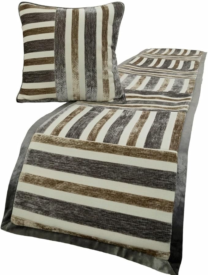 The HomeCentric King/Queen/Twin Beige & Grey Decorative Queen 74"x18" Bed Runner with 2 Pillow Cover, Patchwork Bed Scarf on Velvet Fabric - Striation
