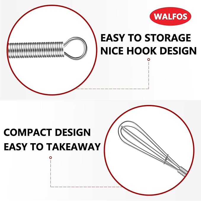Walfos Long Small Whisks Skinny Little Whisk 10 inch Tiny Mini Whisk With Long Handle for Mixing Sauces, Coffee, Cooking,Beating, Blending Ingredients,