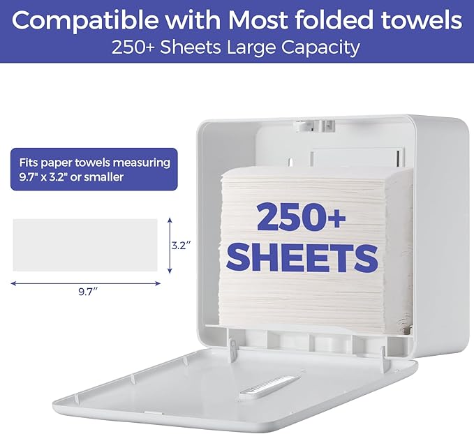 Multifold Paper Towel Dispenser Wall Mount (White) – Large Capacity C-Fold, Trifold, and Folded Commercial Hand Towels Holder for Bathroom & Restroom – Adhesive or Screw Mounted