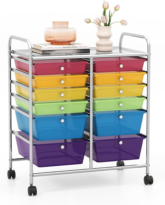 GOFLAME 12-Drawer Rolling Storage Cart, Multipurpose Organizer Cart with 2 Sizes Plastic Drawers, Mobile Utility Cart with Lockable Casters for School, Home Office, Beauty Salon, Rainbow