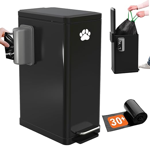 Pupzle Dog Poop Trash Can Outside, 3.2 Gal Metal Dog Waste Trash Can with Lid Outdoor, Waste Container with Pedal Garbage Poop Bin, Poo Bucket Outdoor with Lid for Backyard Odor Control
