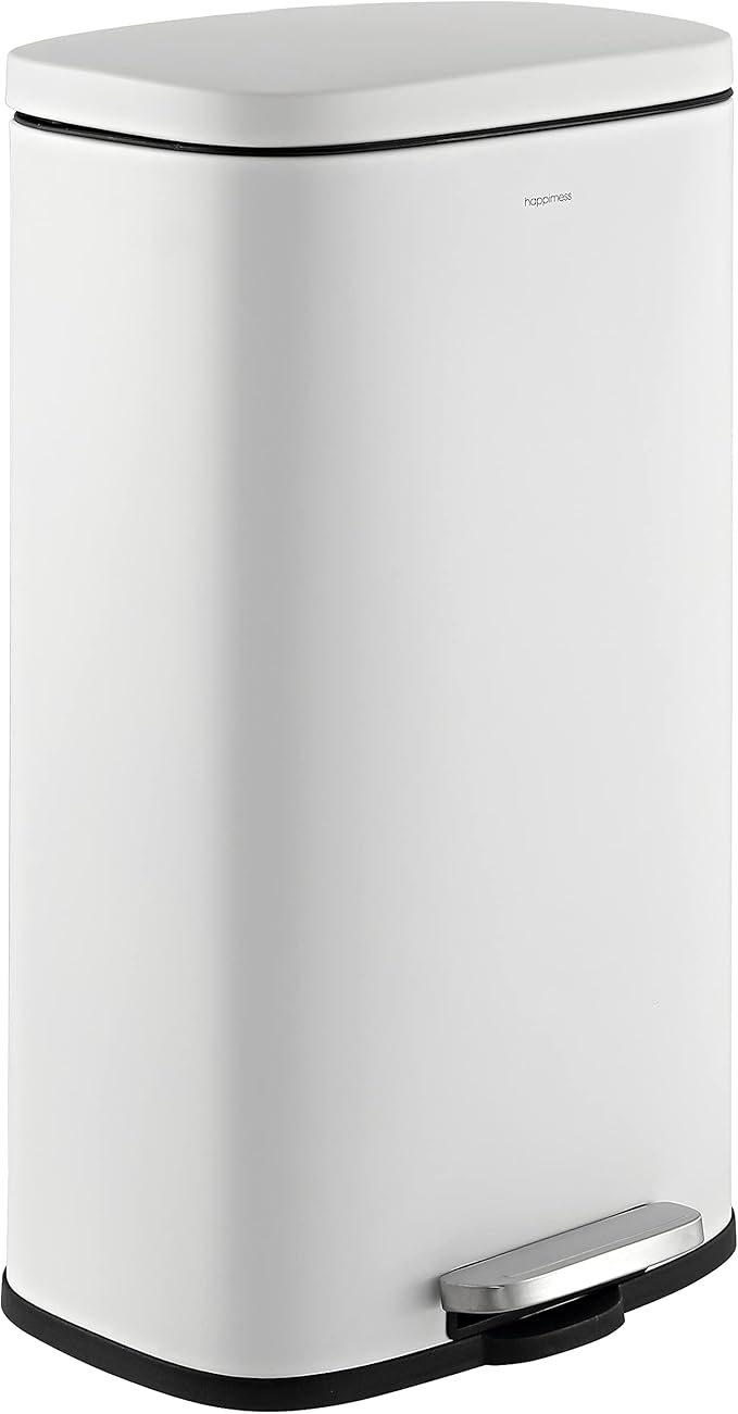 happimess HPM1011C Curtis 8-Gallon Step-Open Trash Can with Soft-Close Lid, Modern, Minimalistic, Fingerprint Proof for Home, Kitchen, Laundry Room, Office, Bedroom, Bathroom, White