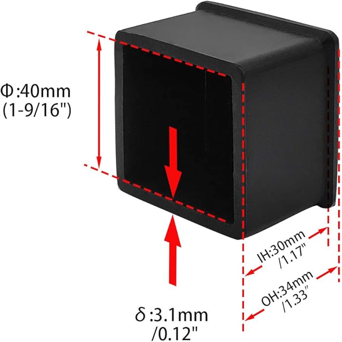 Flyshop Non-Slip Thick Rubber Leg Tips Floor Protectors Square Chair Leg Caps, 20pcs, Black, 40 mm x 40 mm, 1-9/16" x 1-9/16"