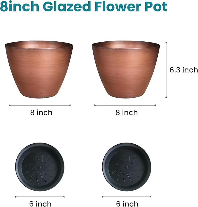 2 Pack Plastic Plant Pots with Drainage Holes, 8 inch Planter