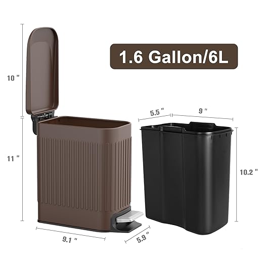 TrashAid Slim Bathroom Trash Can with Lid Soft Close, 6 Liter/1.6 Gallon Stainless Steel Small Garbage Can with Removable Inner Bucket, Step Pedal, Slim Wastebasket for Toilet, Office, Bedroom, Brown