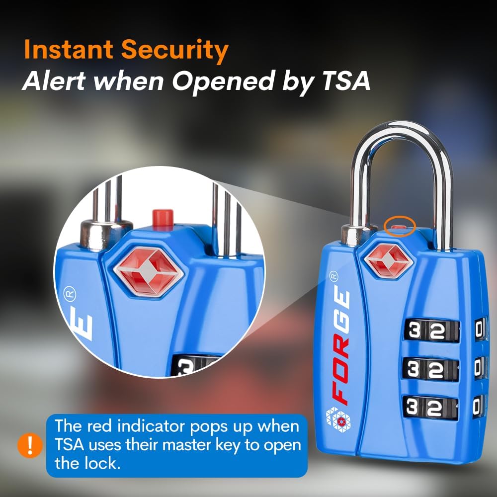 Forge Luggage Locks TSA Approved 4 Pack 4 Colors, Small Combination Lock with Zinc Alloy Body, Open Alert, Easy Read Dials, for Travel Suitcase, Bag, Backpack, Lockers.