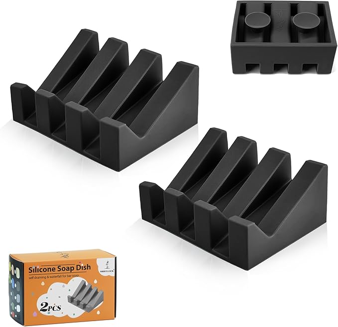 Silicone Soap Dish for Bar Soap Holder for Shower Bathroom Self Draining Waterfall Drying Tray Keep Soap Bars Dry Clean & Easy Cleaning (Black, 2)