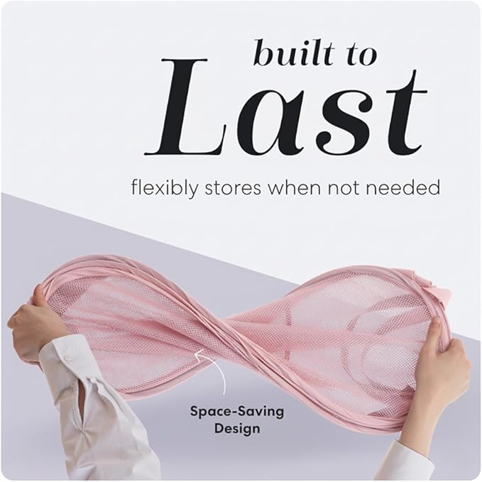 Handy Laundry Collapsible Mesh Pop Up Hamper with Wide Opening and Side Pocket - Breathable, Sturdy, Foldable, and Space-Saving Design for Clothes and Storage (Pink)