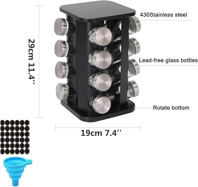 Spice Rack, Rotating Countertop Spice Rack Organizer, 16 Jars, Black, Stainless Steel