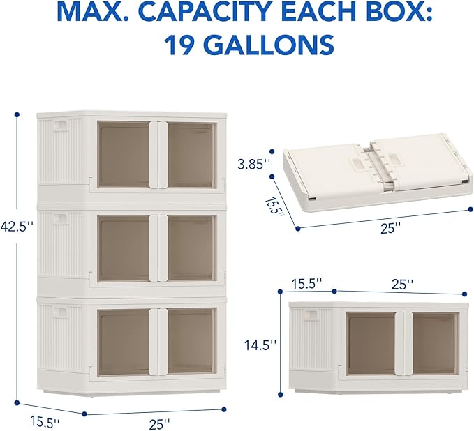 FLEXIMOUNTS 228 QT Stackable Storage Bins With Lids, Collapsible Plastic Storage Bins With Doors and Built-in Wheels For Home Dorm Closet Organizers and Storage, 3 Pack Cubes, Milky White