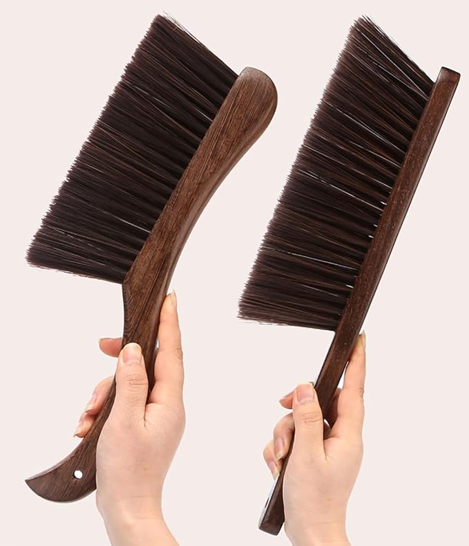 2PCS Hand Broom Cleaning Brushes-Soft Bristles Dusting Brush for Cleaning Car/Bed/Couch/Draft/Garden/Furniture/Clothes,Wooden Handle(Brown)