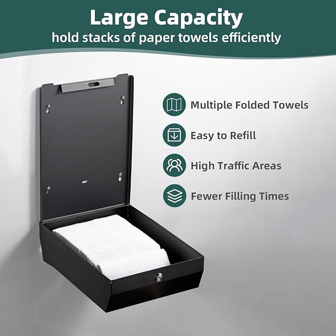 Paper Towels Dispenser Wall Mounted with Key Lock, Multifold C Fold Trifold Hand Towel Dispenser, Stainless Steel Tissue Holder Large Capacity Elegant for Bathroom Commercial, Black