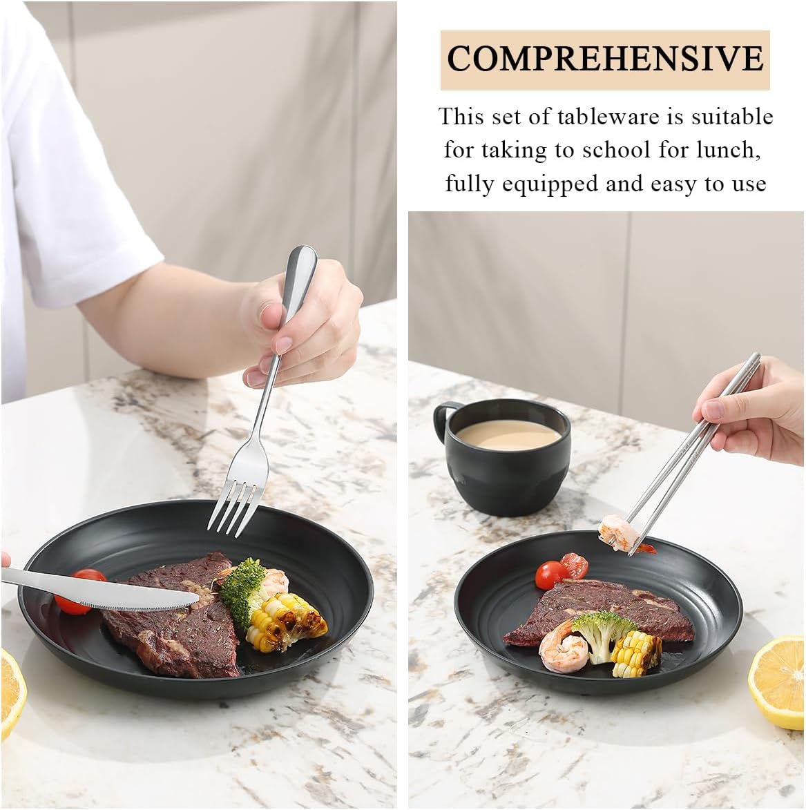 Camping Essentials Set, HOMQUEN Camping Plates and Bowls Set, Coffee Mug, Travel Cutlery Set Include Spoon, Fork, Knife for Work, Outdoor,Picnic, Camp （Black）