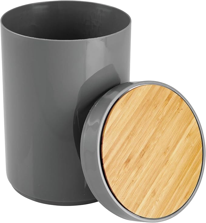 mDesign Plastic Round Trash Can Small Wastebasket - Garbage Bin Container with Swing-Close Lid - Bathroom Garbage Basket - Holds Waste, Recycling - 1.3 Gallon - Basa Collection - Charcoal Gray/Natural