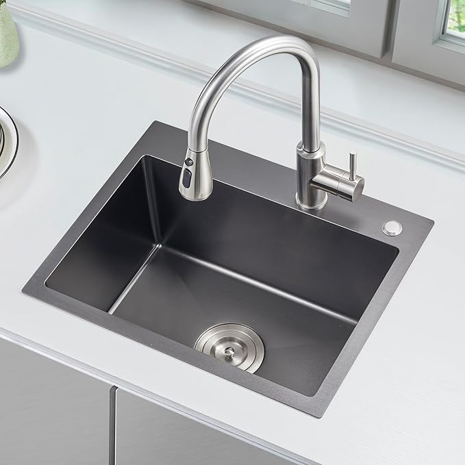22x18 Inch Drop in Kitchen Sink, Handmade 304 Black Stainless Steel Sink, 9" Deep Single Bowl, Topmount with 2 Holes, R10 Tight Corner, for Modern Kitchen/RV/Bar Sink