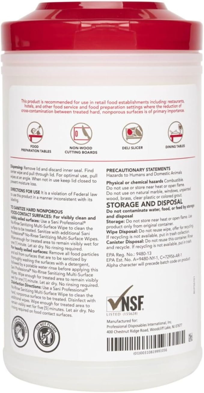 PDI Sani-Professional No-Rinse Sanitizing Wipes, Multi-Surface Cleaning for Food Contact Surfaces, Kitchens, Restaurant Tables, 95 Large 7.75" x 9" Wipes per Canister