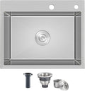 21.6x17.7 inch Drop in Kitchen Sink, Handmade 304 Stainless Steel Sink with 2 Holes, 8.6" Deep Single Bowl, R10 Tight Radius, Topmount Kitchen Sink with Basket Strainer Drain, Brushed