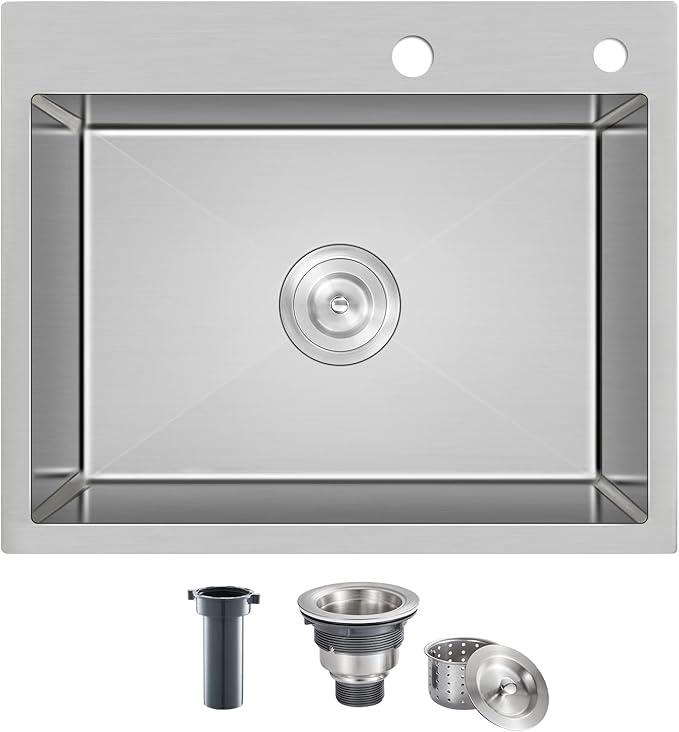 21.6x17.7 inch Drop in Kitchen Sink, Handmade 304 Stainless Steel Sink with 2 Holes, 8.6" Deep Single Bowl, R10 Tight Radius, Topmount Kitchen Sink with Basket Strainer Drain, Brushed