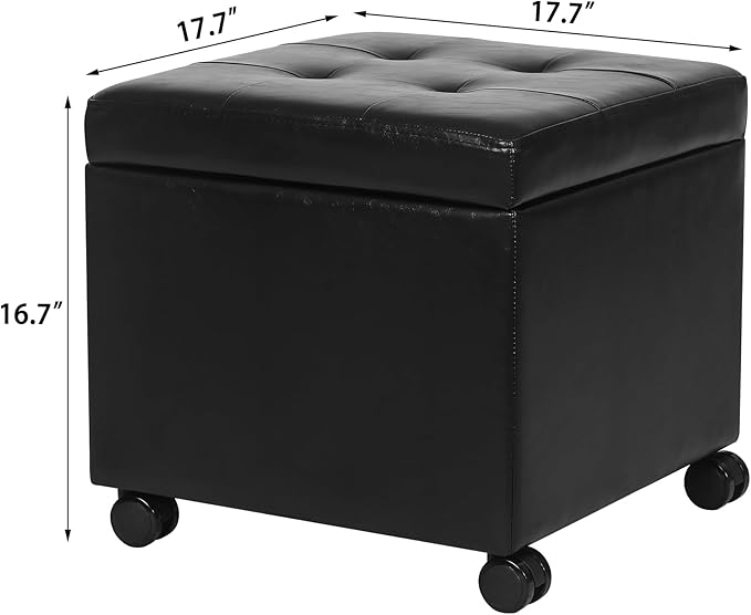 Adeco 17.7" Leather Ottoman with Wheels, Black Square Rolling Ottoman with Storage, Upholstered Button Tufted Vanity Stool with Hinged Lid for Living Room, Bedroom, Dorm