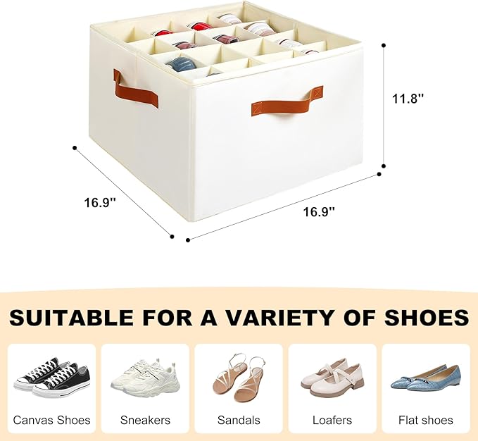 Shoe Organizer for Closet, Foldable Shoe Storage Bins with Clear Cover, Large Shoe Box Storage Container with Adjustabele Dividers, Fits up to 16 Pairs, White