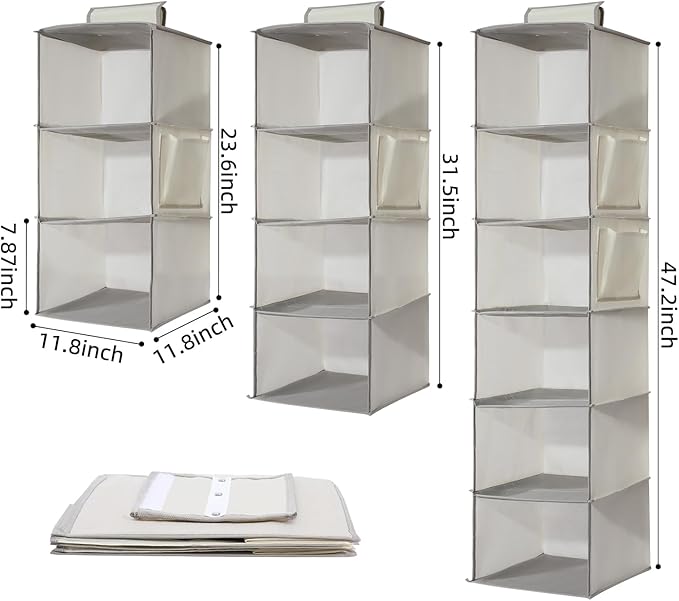 2 Packs Hanging Closet Organizer Storage, 3-Shelf Hanging Shelves for Closet, Closet Clothes Organizer and Storage with Side Pocket, Beige