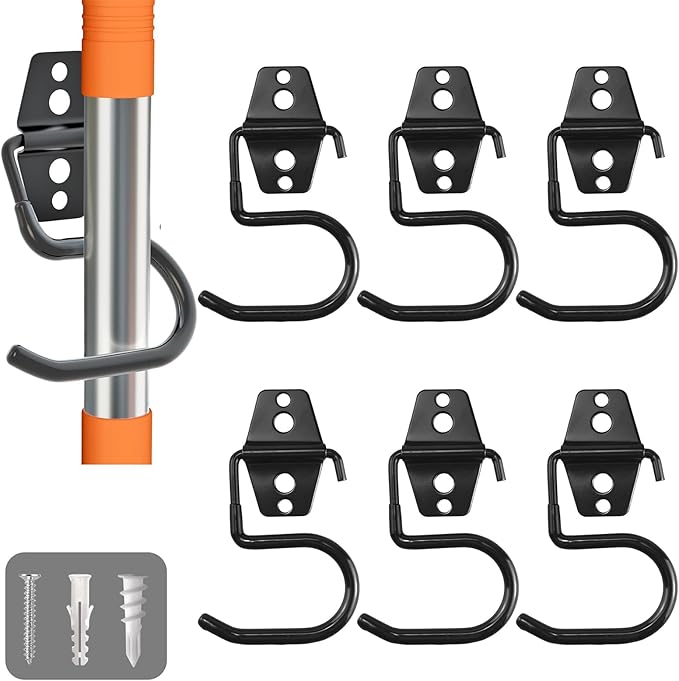 LIGHT DUST Broom Holder Wall Mount - 6 Pack Tool Hangers Garage Wall Hanging Organizer - Heavy Duty Metal Large S Hooks for Mop Shovel Rake Shed Garden Lawn Yard Handle Tools Organization (Black)