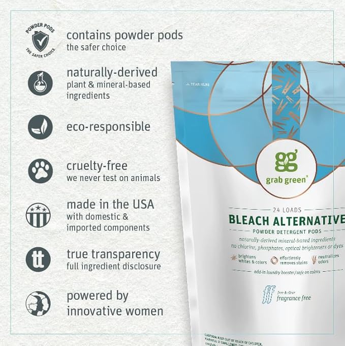 Grab Green Bleach Alternative Pods, 24 Count, Chlorine Free, Fragrance Free, Plant and Mineral Based, Laundry Booster to Brighten Whites, Removes Stains, Neutralizes Odors