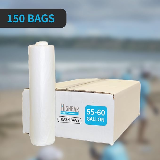Large Garbage Bag - 55-60 Gallon Capacity, Heavy Duty, High Density, Tear Resistant, Unscented, Extra Strength for Commercial, Industrial, Office, House, Lawn, Events, Bulk Qty 150 Bags