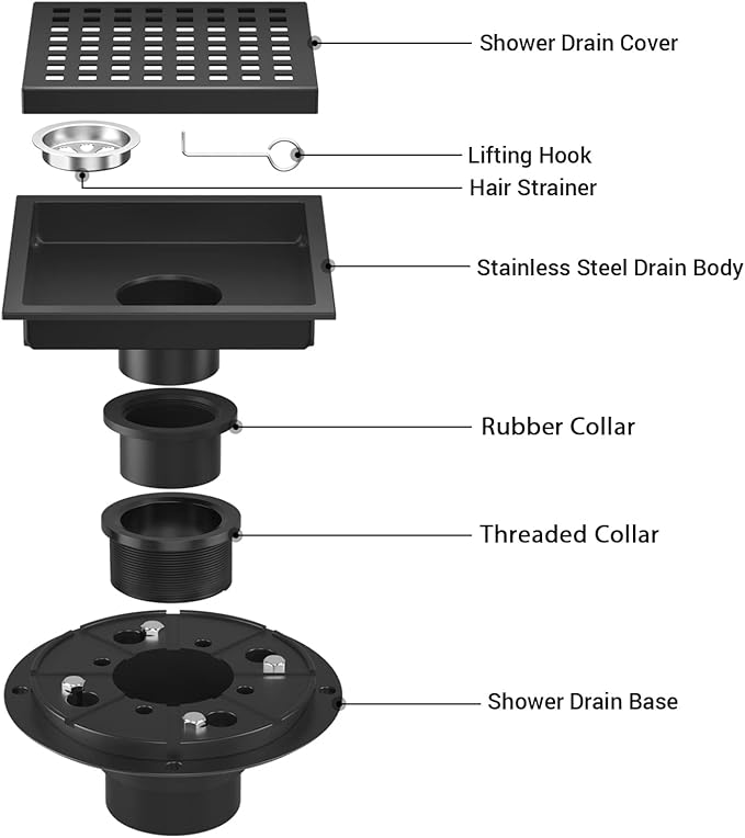 6 Inch Shower Drain Matte Black, Square Bathroom Floor Drain, Stainless Steel Drain Kit with Flange, Removable Grid Cover, Hair Strainer