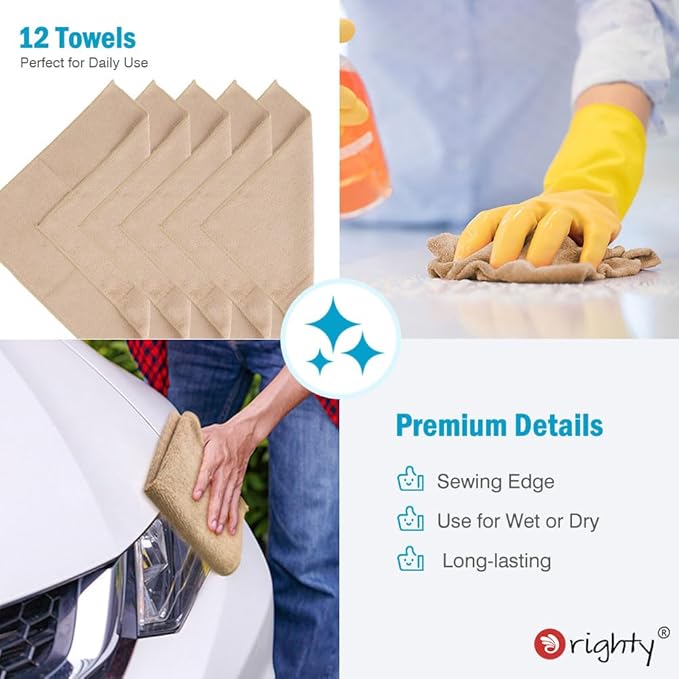 Orighty Microfiber Cleaning Cloth, 12 Pack Microfiber Towels for Cars, Highly Absorbent Car Cleaning Supplies, Lint Free Cloths Clean Rags for Car Care, House, Kitchen, 12x12 inch, Brown