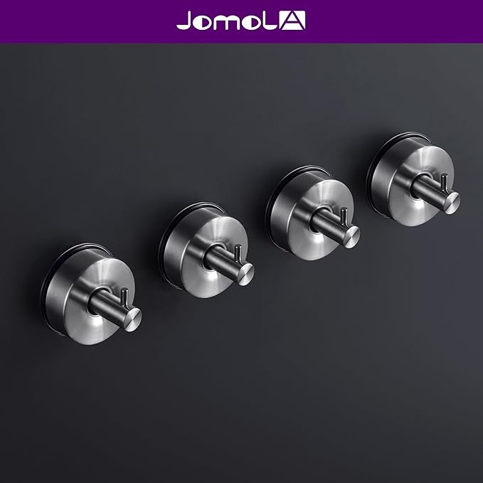 JOMOLA Brushed Stainless Steel Shower & Bathroom Hooks - No Drill Adhesive-Free Suction Cup Hardware, Rustproof Waterproof Metal Wall Mount for Towel Robe, Damage-Free (4-Pack)