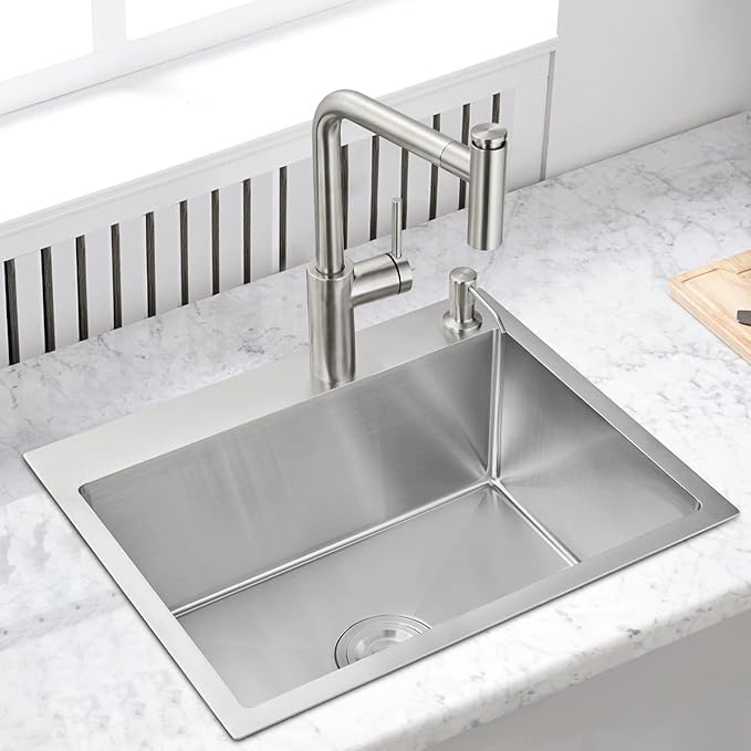 20x16x9 Inch Drop in Kitchen Sink, Handmade 304 Stainless Steel Single Bowl with 2 Holes, R10 Tight Radius, Topmount Installation, for Modern Kitchen/RV Sink, Brushed