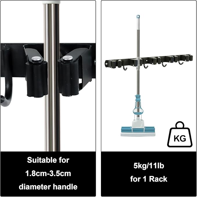 Broom and Mop Holder Wall Mount - 5 Slots and 4 Hooks Stainless Steel Mop and Garden Tool Storage Rack for Bathroom, Kitchen, Garage, Outdoor （2Pcs
