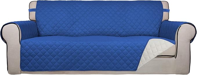 PureFit Reversible Quilted Sofa Cover, Water Resistant Slipcover Furniture Protector, Washable Couch Cover with Non Slip Foam and Elastic Straps for Kids, Pets (X Large, Classic Blue/Ivory)